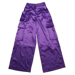 House of Harlow Purple Satin Cargo Wide-Leg Pants XS Elastic Waist.